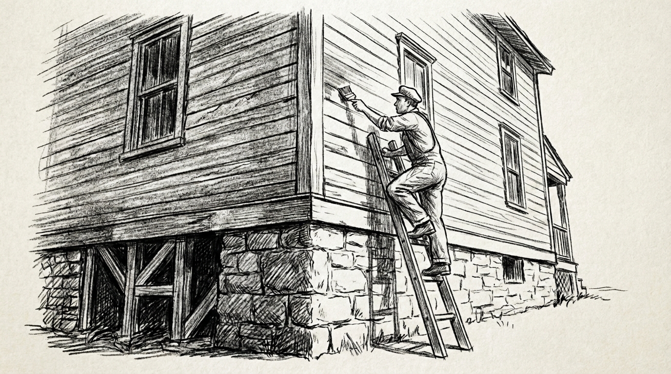 Pencil sketch of a worker on a ladder applying a fresh coat of paint to a weathered  wooden house with a solid stone foundation